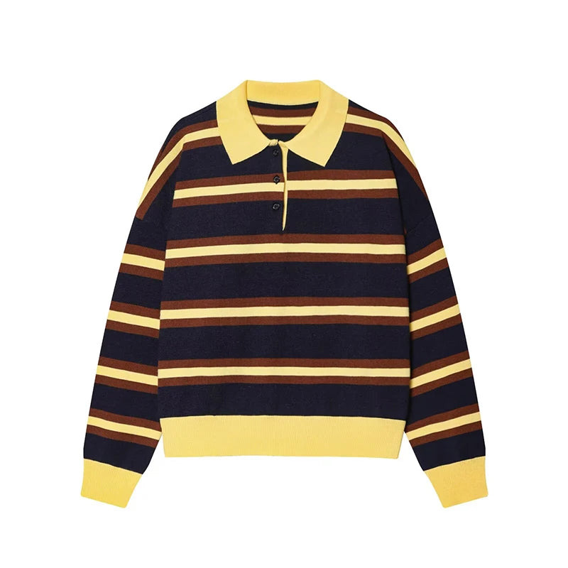 Women's 2026 New Knitted Striped Sweater Polo neck Pullover Spring Fashion Loose Elegant Warm Young Women Sweater Street Blouses