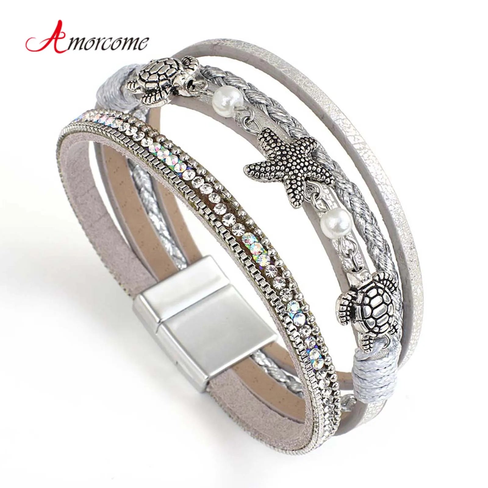 Amorcome Boho Metal Seashell Starfish Beads Charm Shiny Rhinesotne Leather Wrap Bracelets Vintage Summer Beach Femme Jewelry
