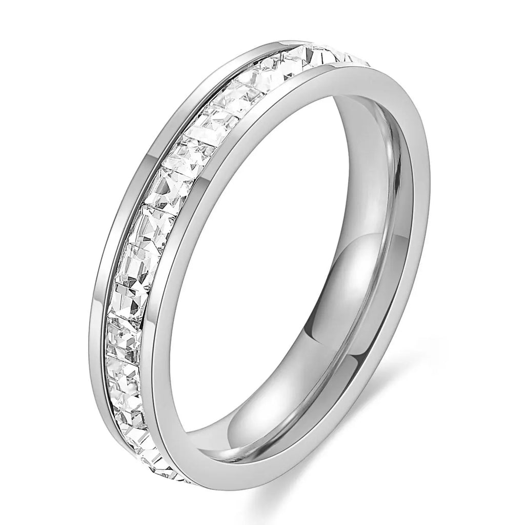 VQYSKO Square Zircon Stainless Steel Ring White Zircon Engagement Party Accessories Geometric Couple Custom Ring