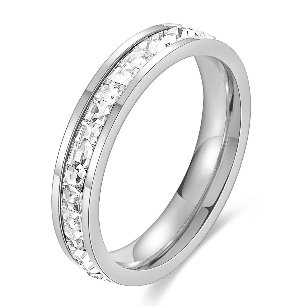 VQYSKO Square Zircon Stainless Steel Ring White Zircon Engagement Party Accessories Geometric Couple Custom Ring