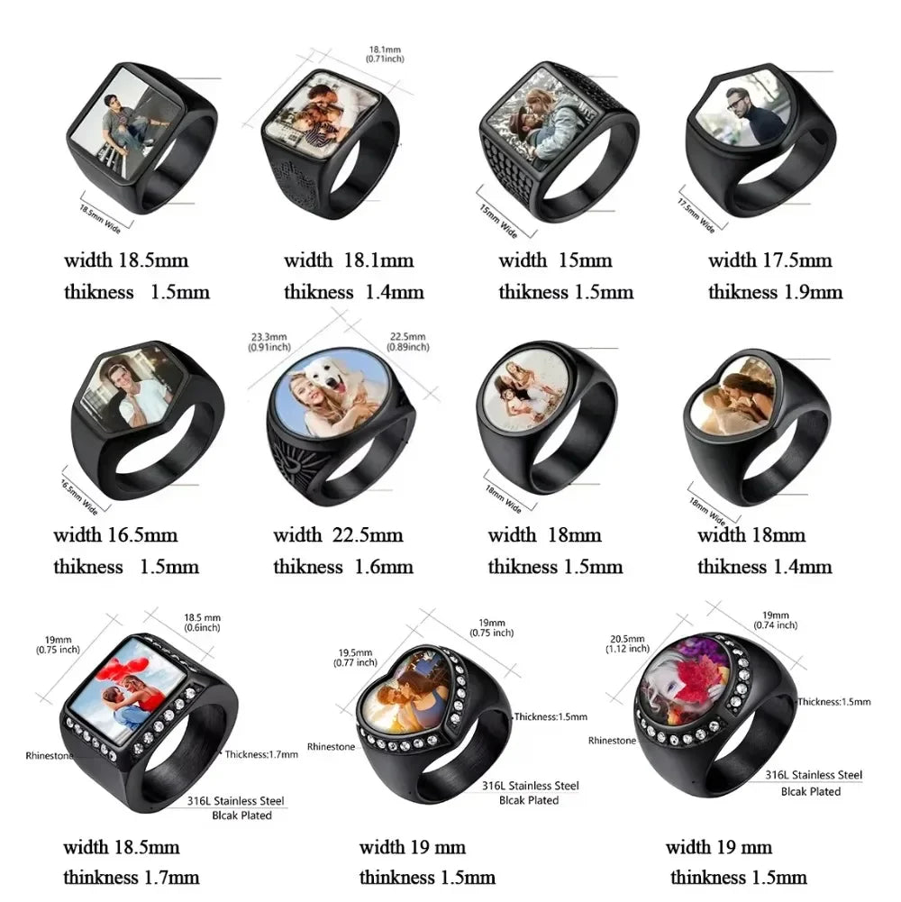 U7 Custom Photo Rings for Men Woman 316L Stainless Steel Logo Symbol Image Family Photo Square Round Heart Personalized Jewelry
