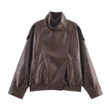 2026 Spring Women's Faux Leather Jacket Brown Black Long Sleeve Stand Collar Thick Loose Lady Coat Fashion Motorcycle Streetwear