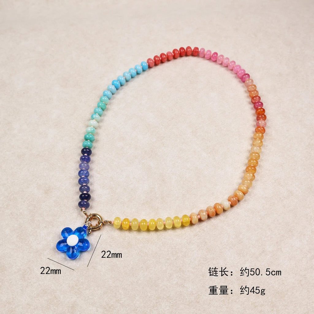 Dopamine Flower Rainbow Beads Pendant Necklace for Women Boho Gradient Glass Brass Adjustable Chain Summer Beach Jewelry Gift