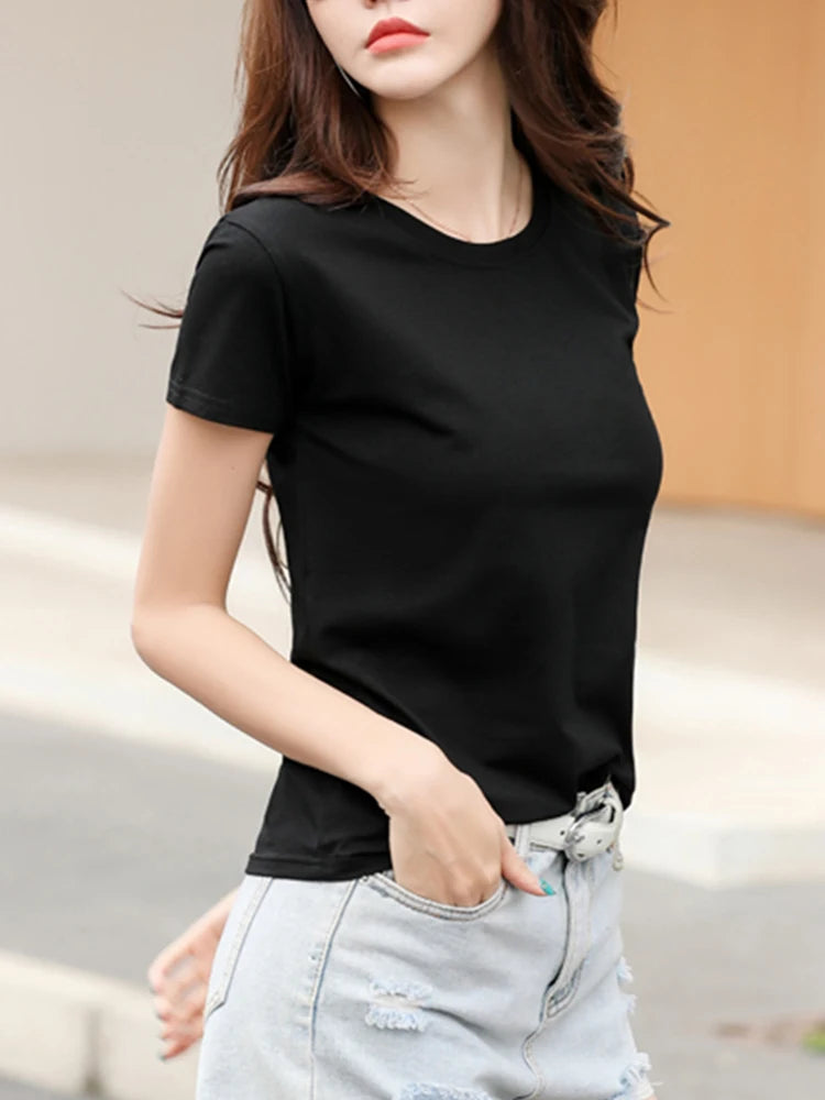 2026 Summer Short Sleeve O-Neck Cotton Pink T-Shirt Women Solid Color Elegant Tshirts Lady Slim Soft Casual Fashion Tops