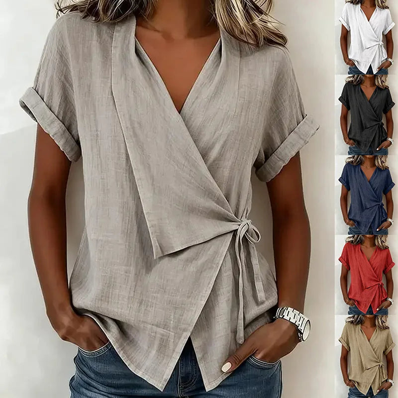 2026 Spring and Summer Cross-border European and American New Style Casual Solid Color Stand-up Collar Tie-up Asymmetrical Loose