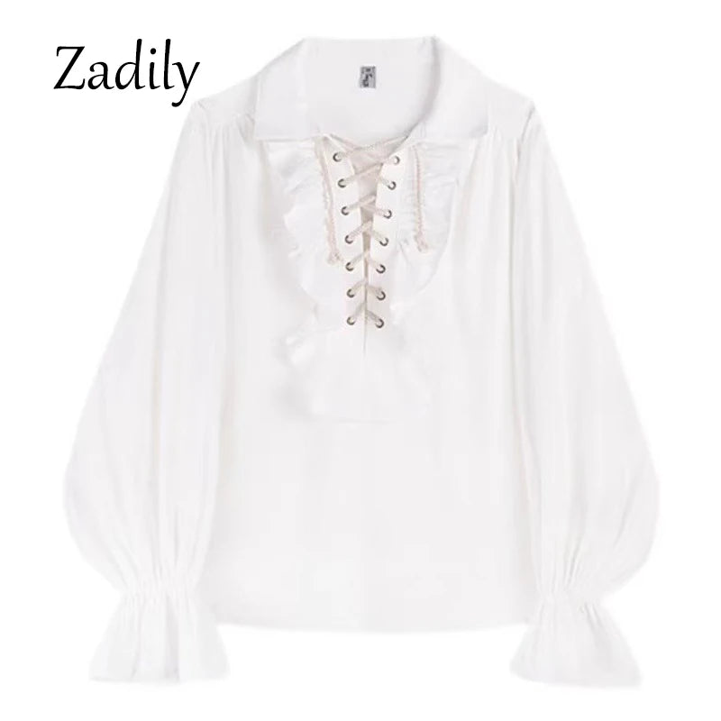 2026 Women's Victorian Gothic Blouse Ruffled Lace Up Shirt Long Sleeve Vintage Renaissance Style Top Cosplay Costume Party Wear