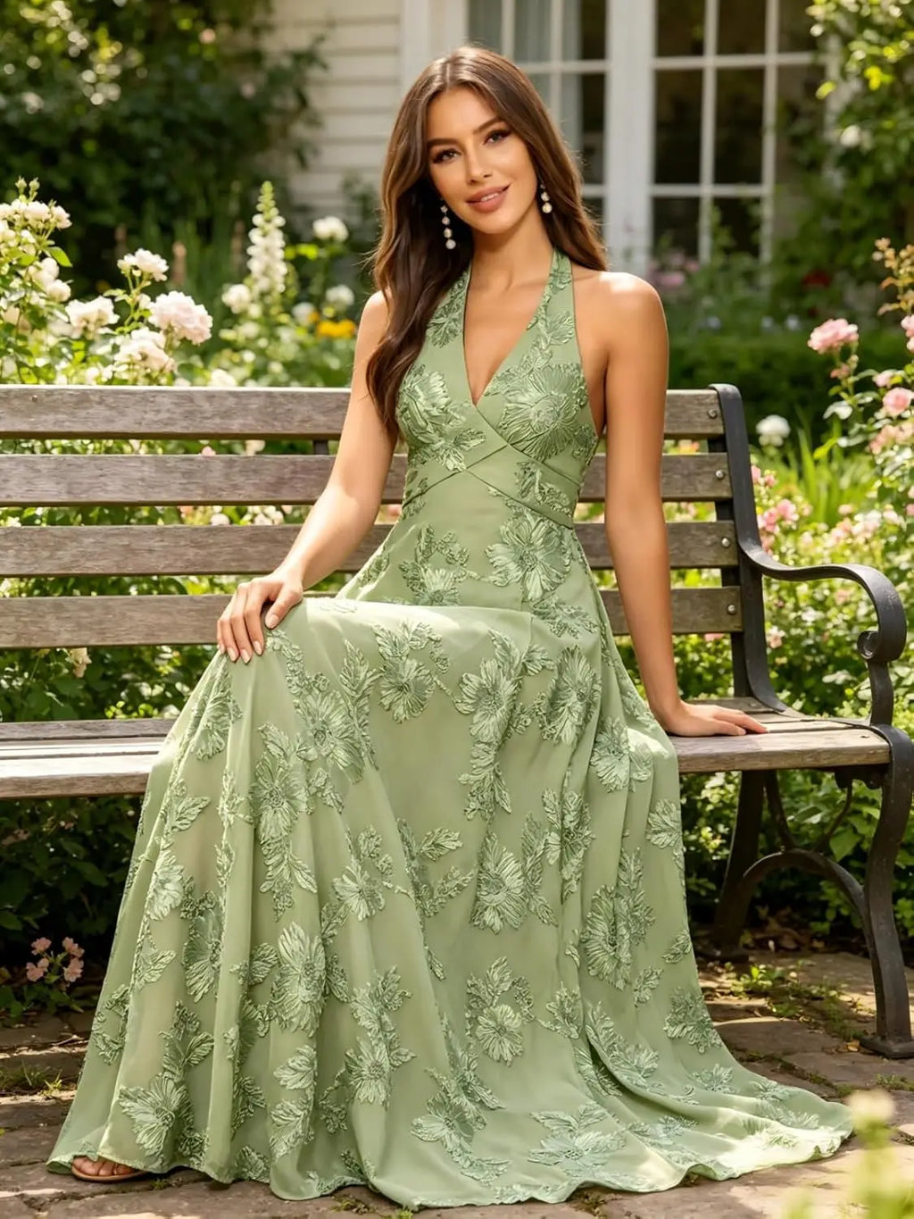 Halter V Neck Floral Lace Appliques Maxi Formal Dresses A Line Long Evening Gowns for Women Beach Wedding Guest Prom Party
