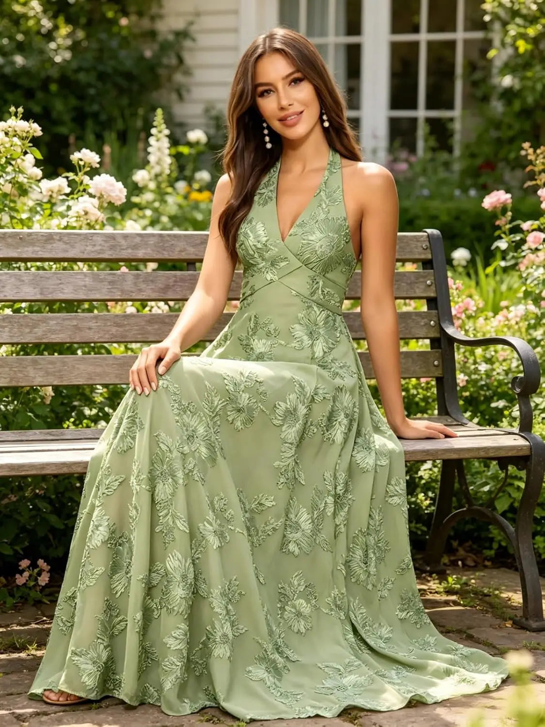 Halter V Neck Floral Lace Appliques Maxi Formal Dresses A Line Long Evening Gowns for Women Beach Wedding Guest Prom Party