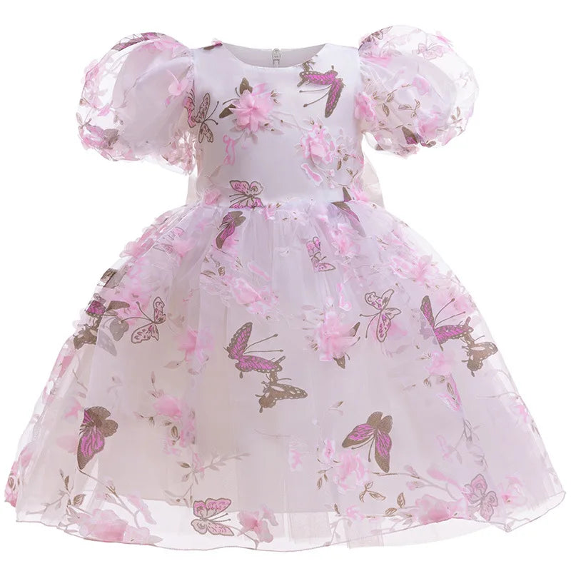 Girls Floral Dress Summer Pink Tulle Princess Dress Flower Girls Embroidered Baptism Gown For Photo Shoot And Wedding Events 2yr
