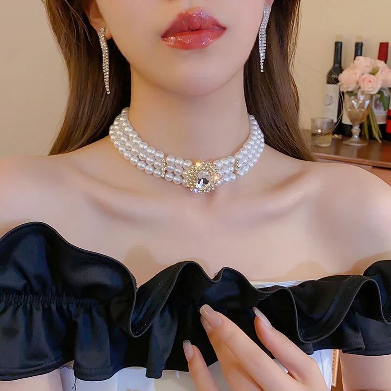 Crystal Rhinestone Oval Multi Layered Beaded Pearl Chokers Necklaces for Women Charms Temperament Elegant Necklace Noble Jewelry