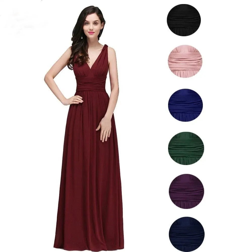 Elegant Burgundy V Neck Long Evening Dresses Summer Sleeveless Chiffon Ruched Formal Wedding Party Prom Gowns Vestido De Fiesta