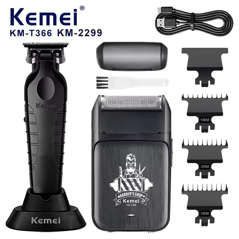 Kemei KM-2299 KM-T366 2 in 1 Professional Hair Clipper Set for Men Electric Oil Head Hair Trimmer Shear Carving Pusher Razor