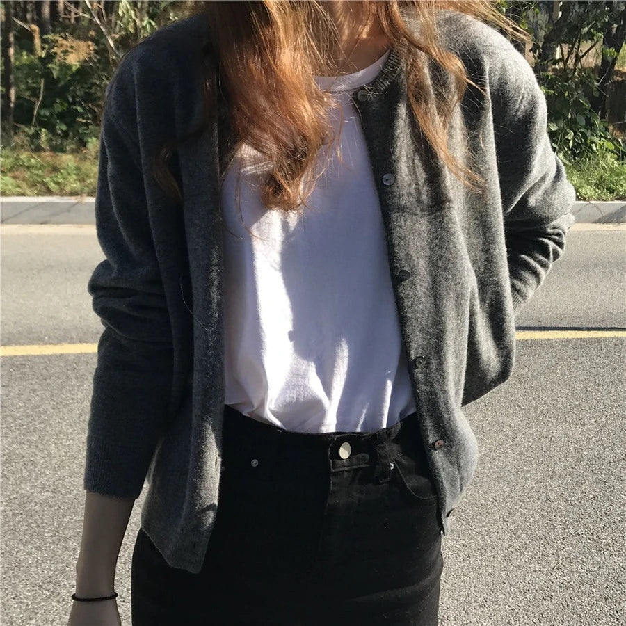 2026 Long Sleeve Vintage Y2k Tops Korean Knitted Cardigan Women's Autumn Winter Fashion O-Neck Versatile Slimming Basis Sweater