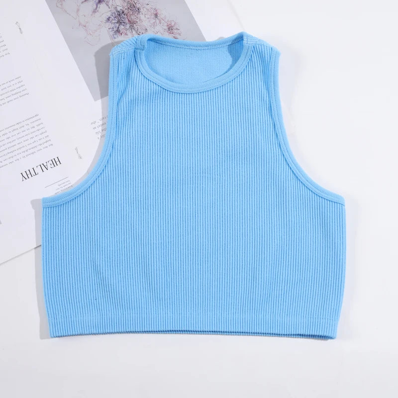 CHRLEISURE Sport Bra Women Rib-Knit Yoga Vest Round Neck Athletic Crop Top Seamless Elastic  Push Up Underwear without Pad