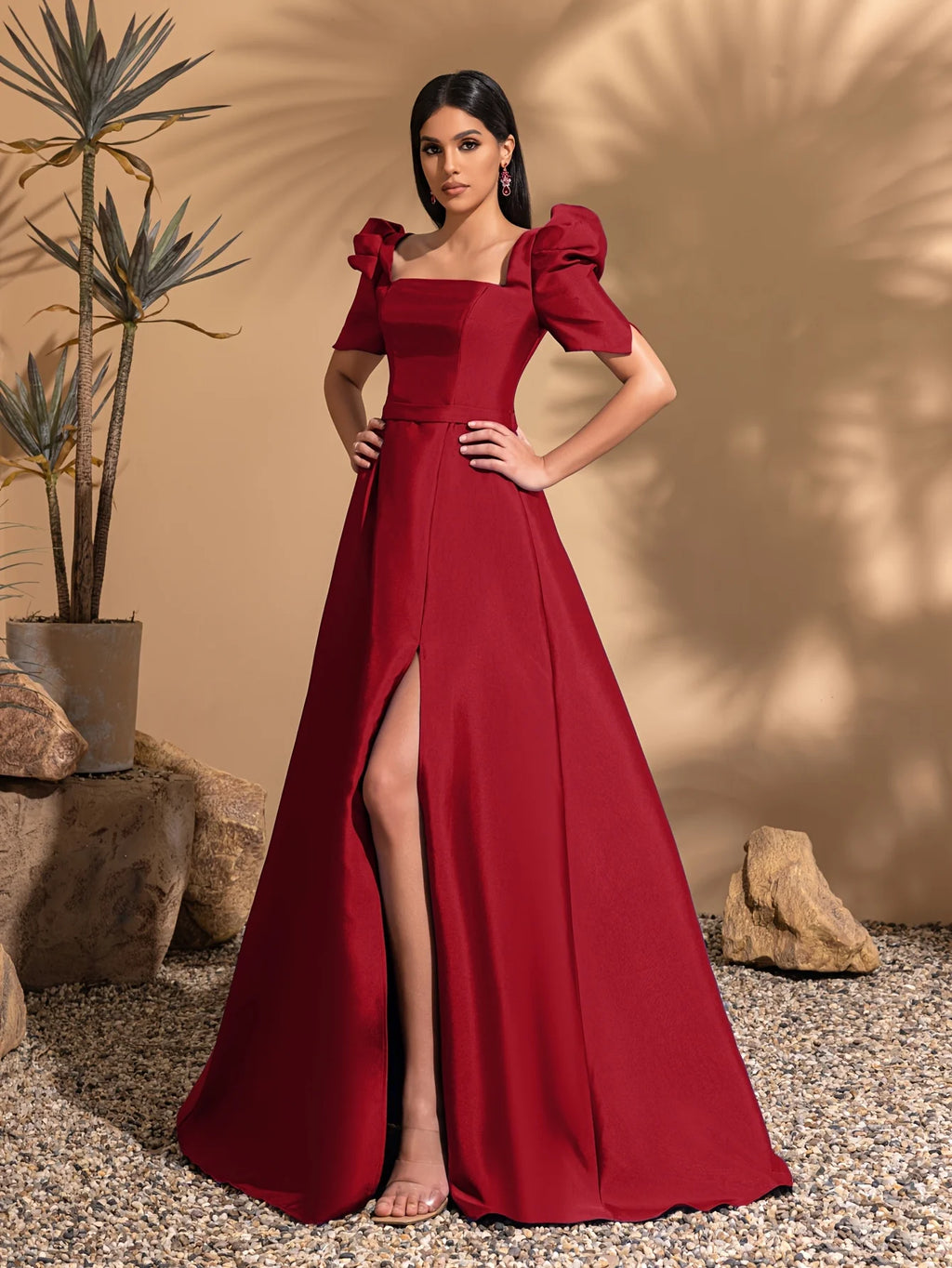 Square neck princess sleeve satin slit gown, pleated lace trim party dress