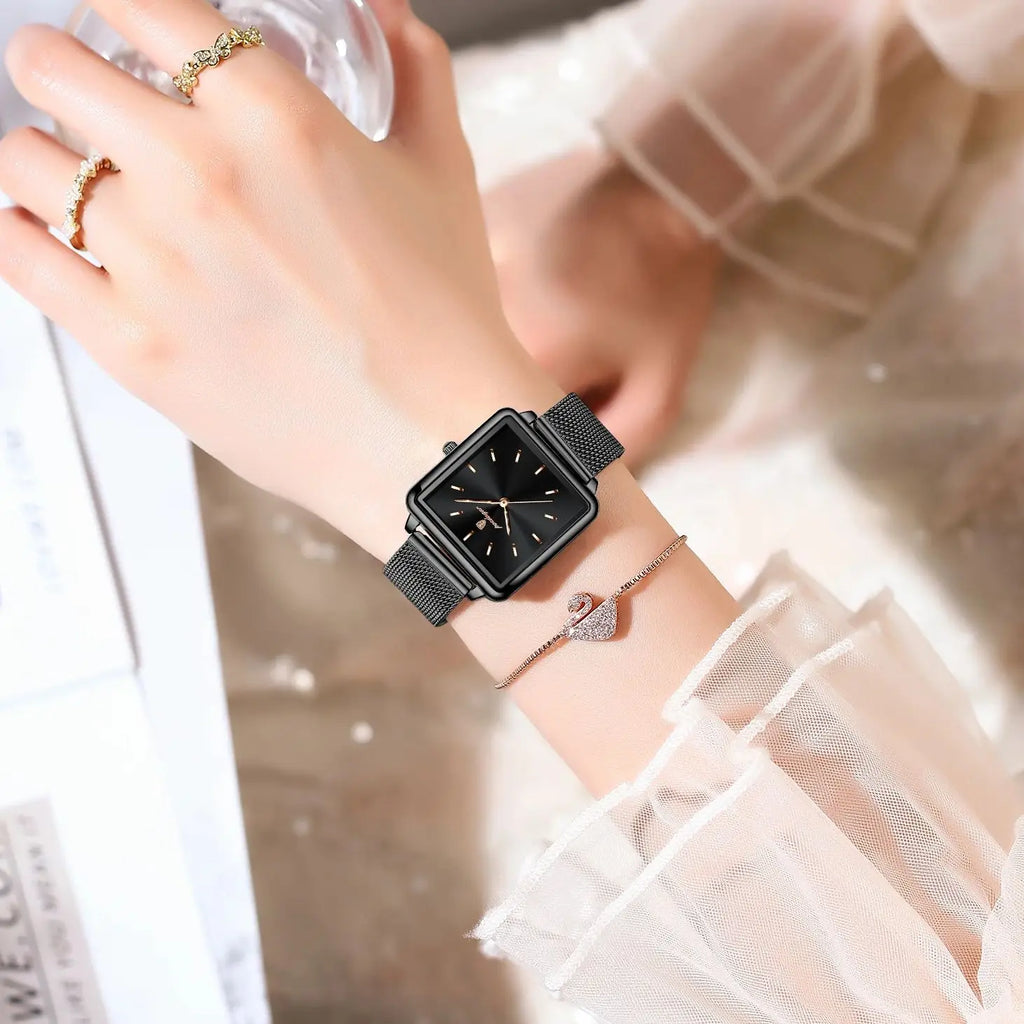 POEDAGAR Fashion Brand Ladies Wristwatch Waterproof Mesh Stainless Steel Woman Watch Elegant Square Quartz Women's Watches Reloj