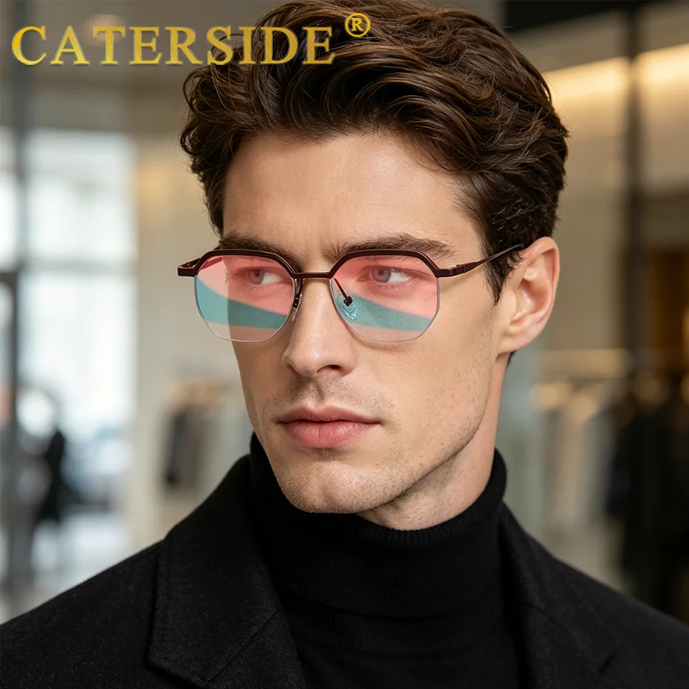 CATERSIDE Retro Polygon Sunglasses Men Metal Semi Rimless Sun Glasses Uv400 Women Outdoor Protection Driving Decorative Eyewear