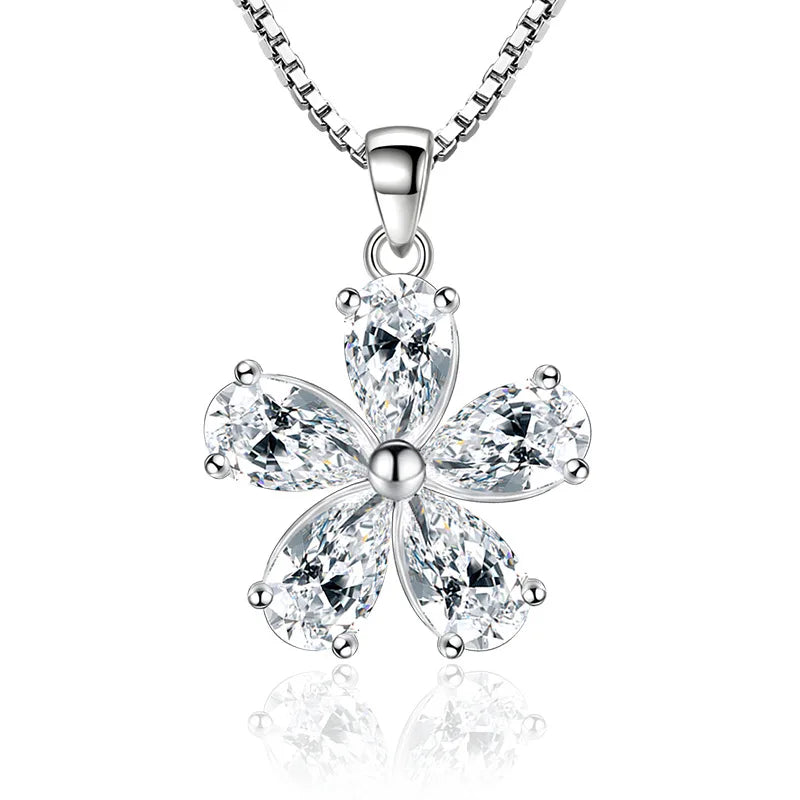 925 Sterling Silver Flower Pendant Necklace for Women Sparkling Clear Cubic Zirconia Cherry Blossom Necklace Jewelry Gift