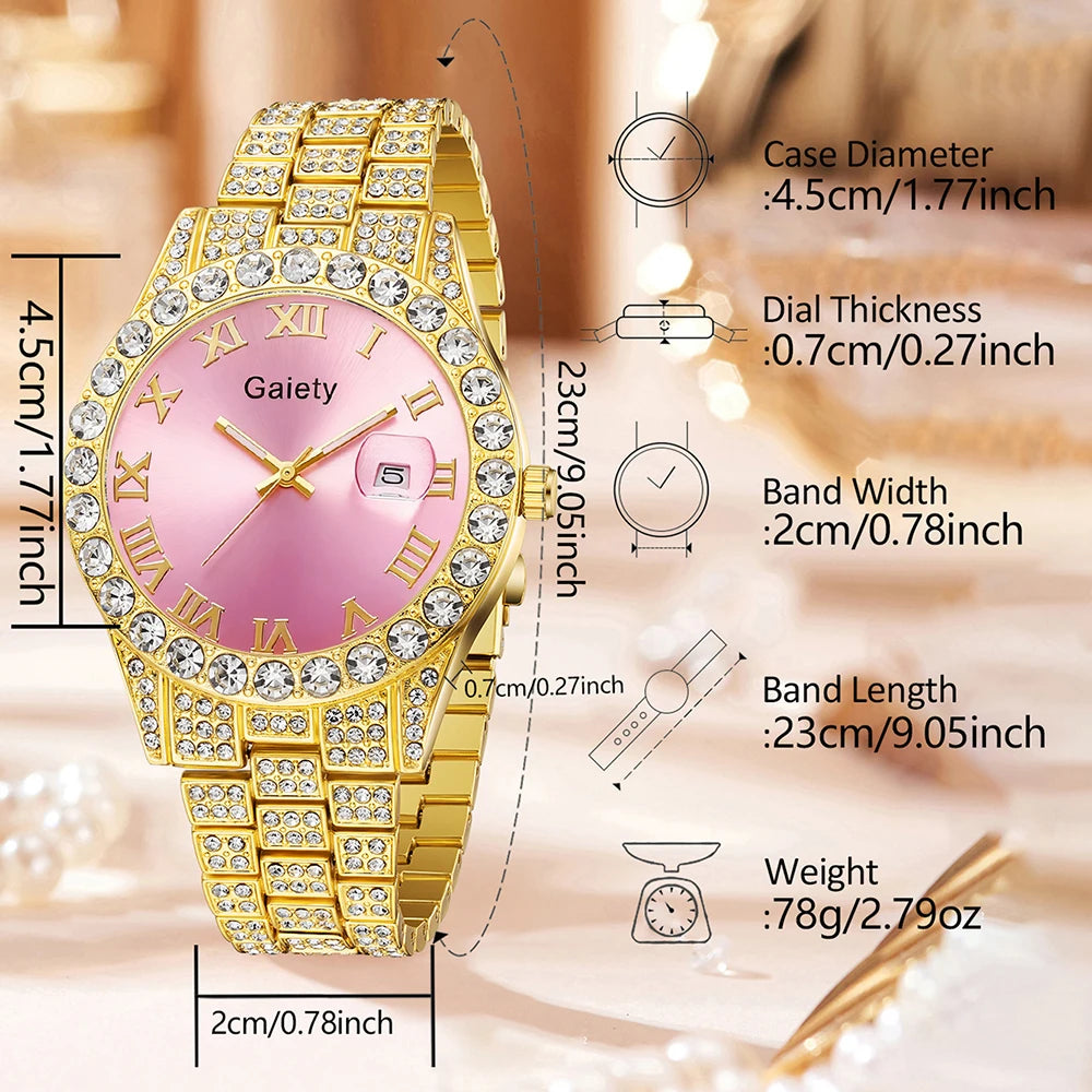 2PCS Luxury Women's Watch Set Fashionable and Elegant Diamond Elements with Calendar Quartz Watch Bracelet Set Perfect Gift