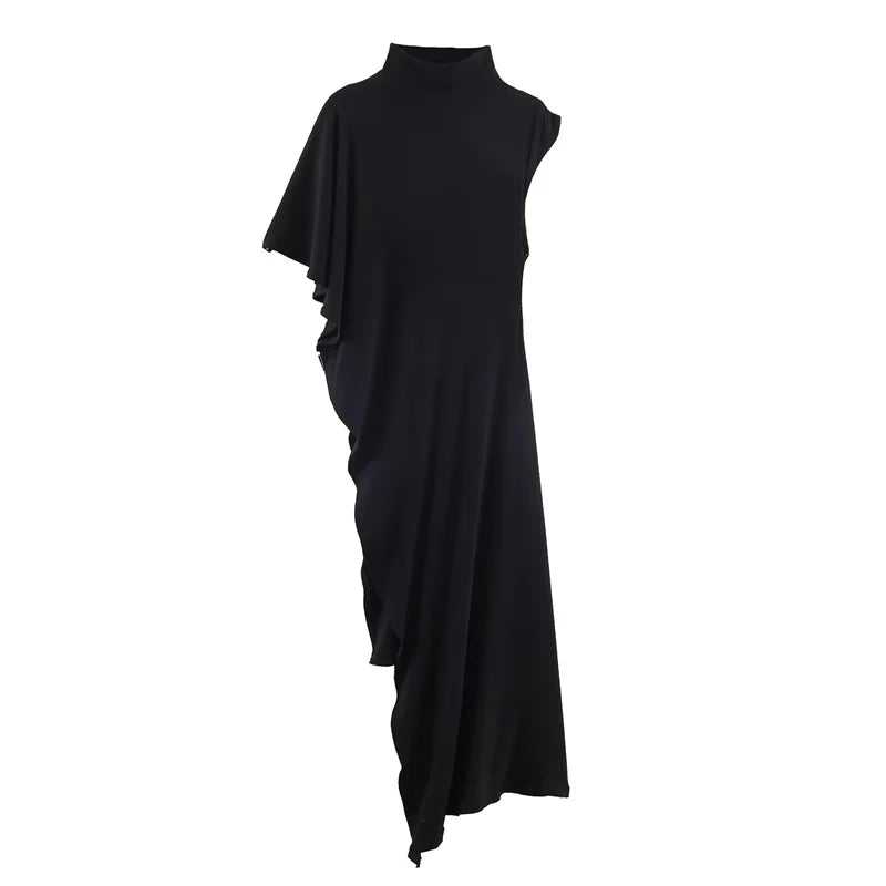 Women's Top 2026 Spring New Style Black Short-Sleeve High-Neck Asymmetrical Pleated Decorative Top Elegant and Stylish Personal