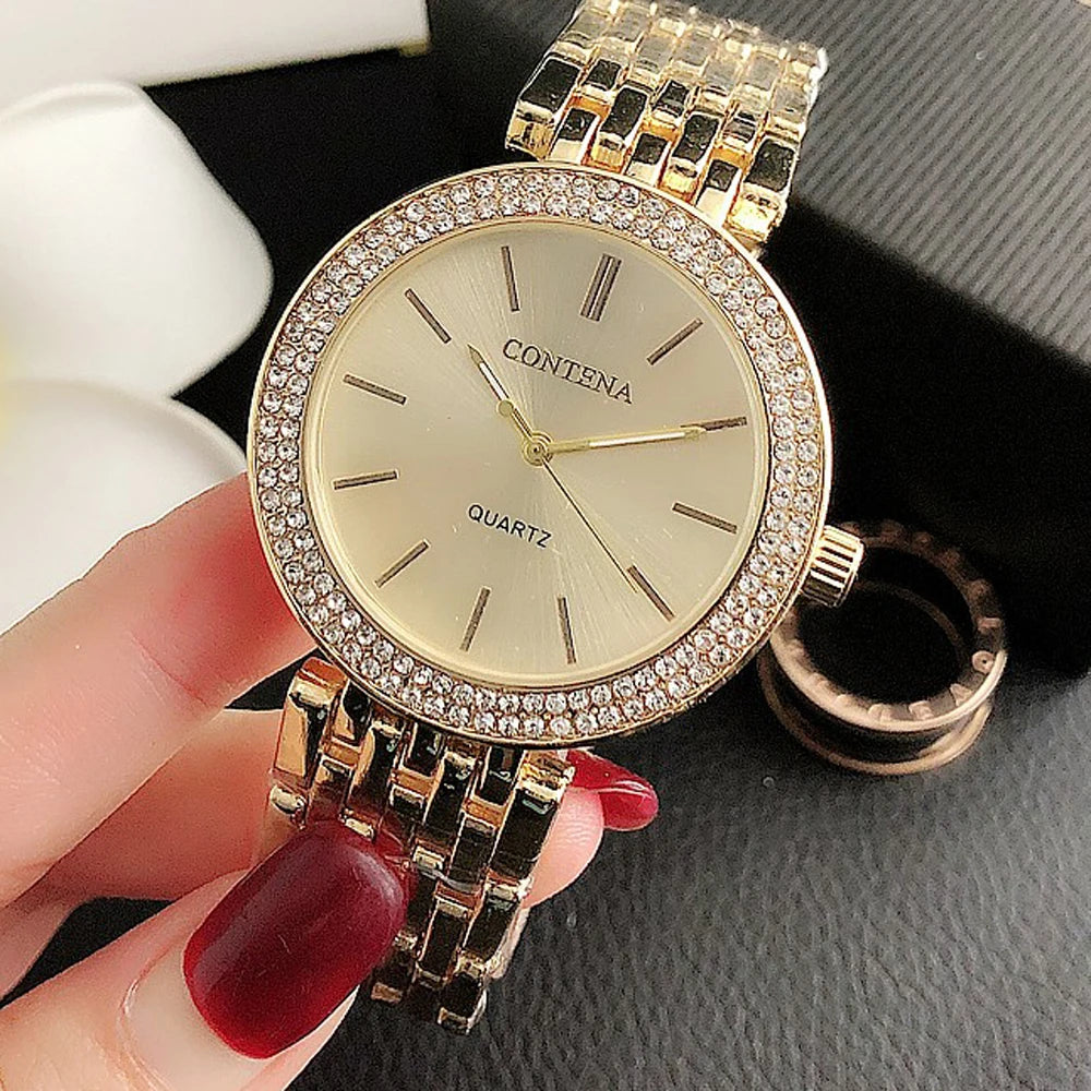 Contena Brand Luxury Women's Watch Fashion Rhinestones Stainless Steel Quartz Watch Simple Elegant Ladies Watch Reloj Mujer