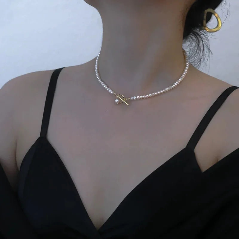 Minar Classic Natural Freshwater Pearl Beaded Necklace for Women 14K Real Gold Plated Copper Toggle Clasp Circle Strand Chokers