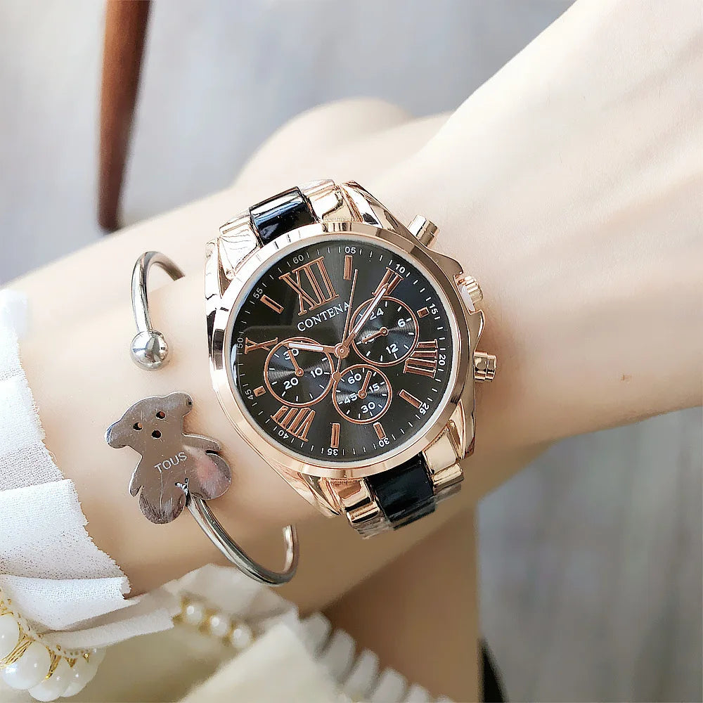 Contena Brand Luxury Women's Watch Fashion Rhinestones Stainless Steel Quartz Watch Simple Elegant Ladies Watch Reloj Mujer