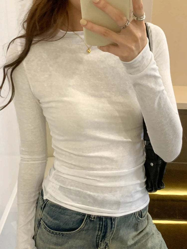2026 Spring Autumn T shirt Women Tops Solid Slim Fit Long Sleeve O Neck Tshirts Female Casual Streetwear High Quality Base Tees