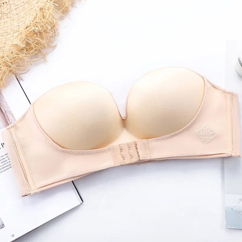 Front buckle invisible women's non-slip small push-up bra with a breathable strapless glossy bra cover