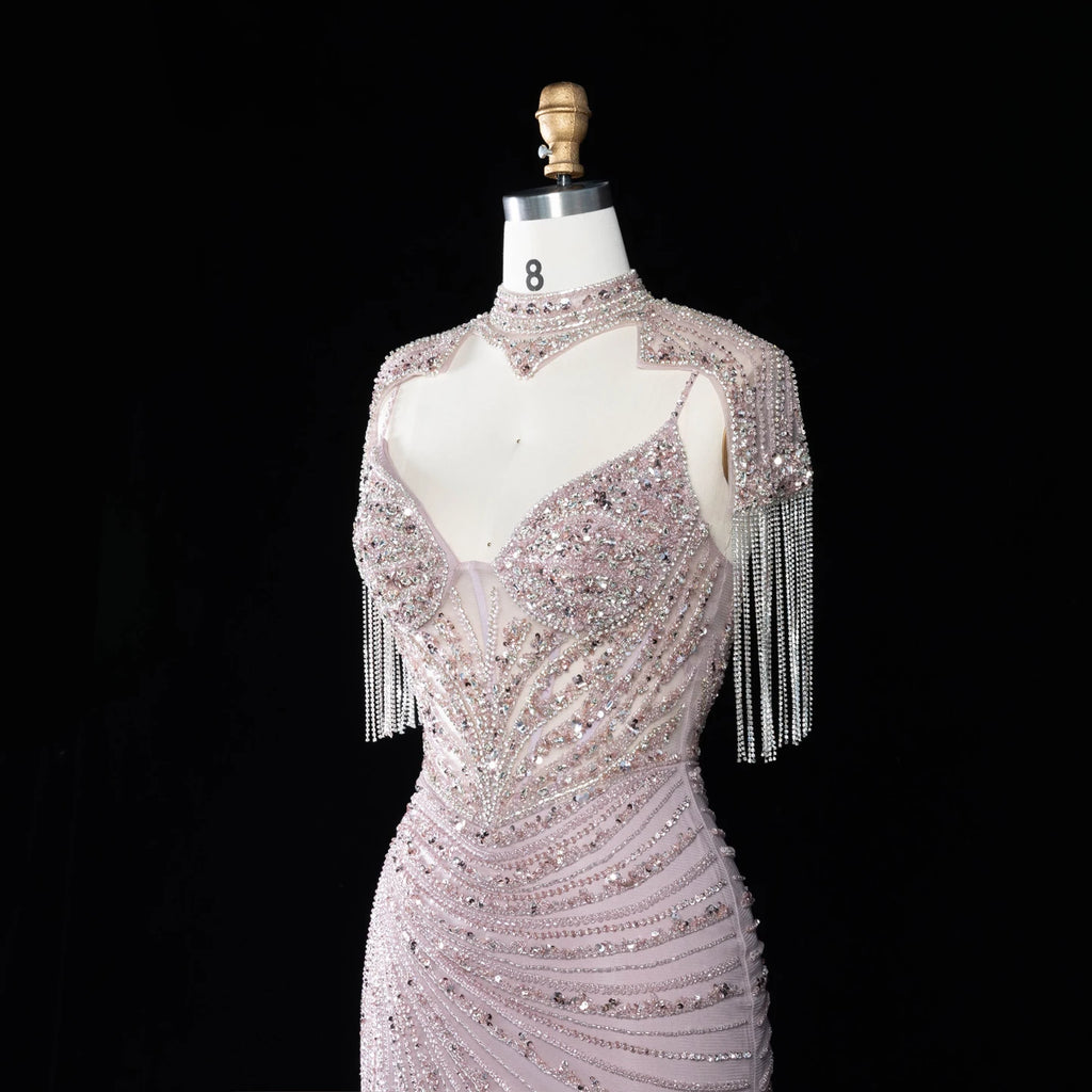 Sharon Said Luxury Mermaid Evening Dress Tassel High Neck Crystal Beaded Women's Formal Gowns for Wedding Party SS184 Customized