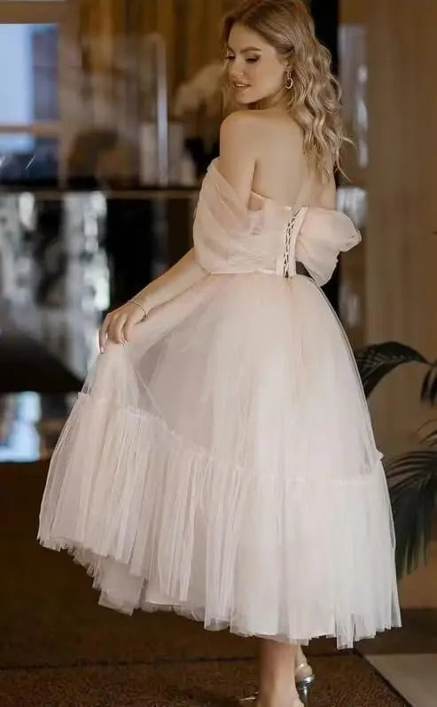 A Line Tulle Cocktail Party Prom Dresses for Women Off The Shoulder Tea Length Puffy Formal Evening Gowns Wedding Ball Gowns