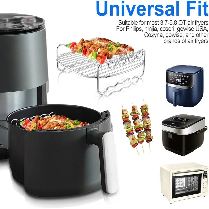 5pcs Air Fryer Rack Set Stainless Steel Double Layer Rack with 4 Skewers Air Fryer Accessories for Ninja Power Airfryer Philips