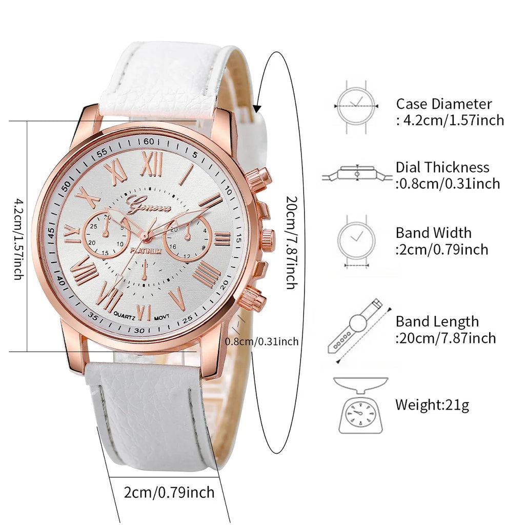 Rose Gold White Leather Ladies Watch Set Chronograph Clock Cubic Zirconia Bracelet Necklace Earrings Ring Jewelry Kit For Women