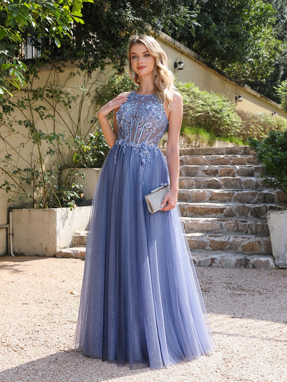 Shiny Dusty Blue Evening Dress Illusion Floral Lace Appliques O-Neck Open Back Halter Prom Dresses Sparkling Tulle A-Line Gowns
