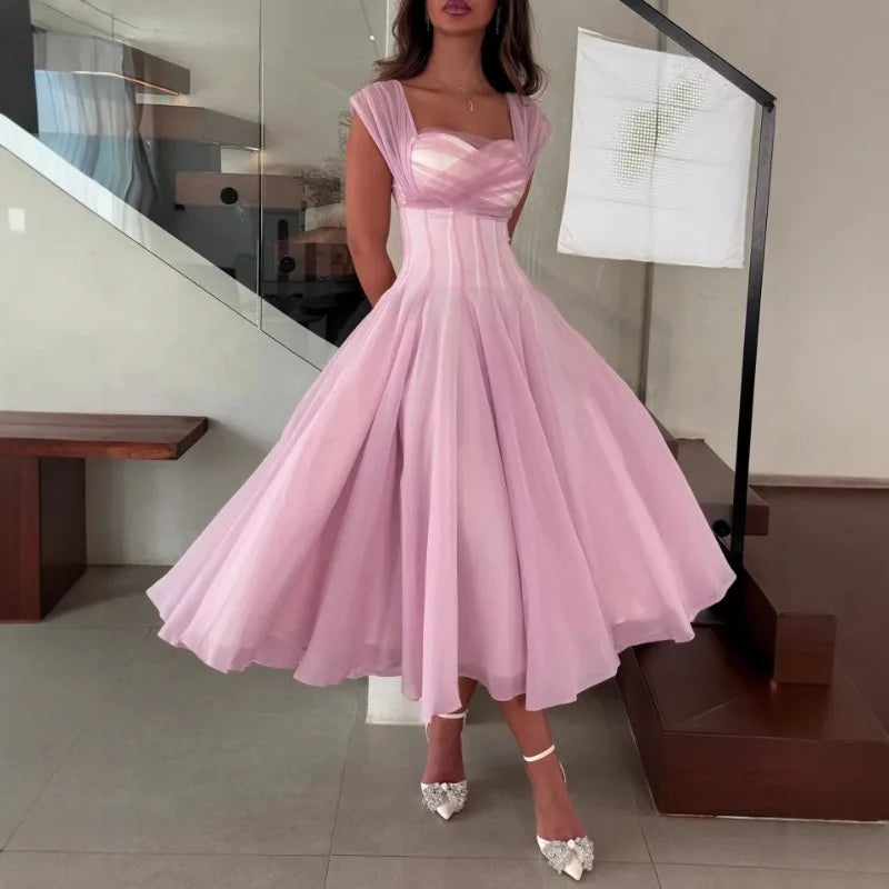 Women's Elegant Tulle Formal Dress Summer Sexy Square Neck Corset Waist A-Line Tea-Length Gown for Wedding Cocktail Party 5