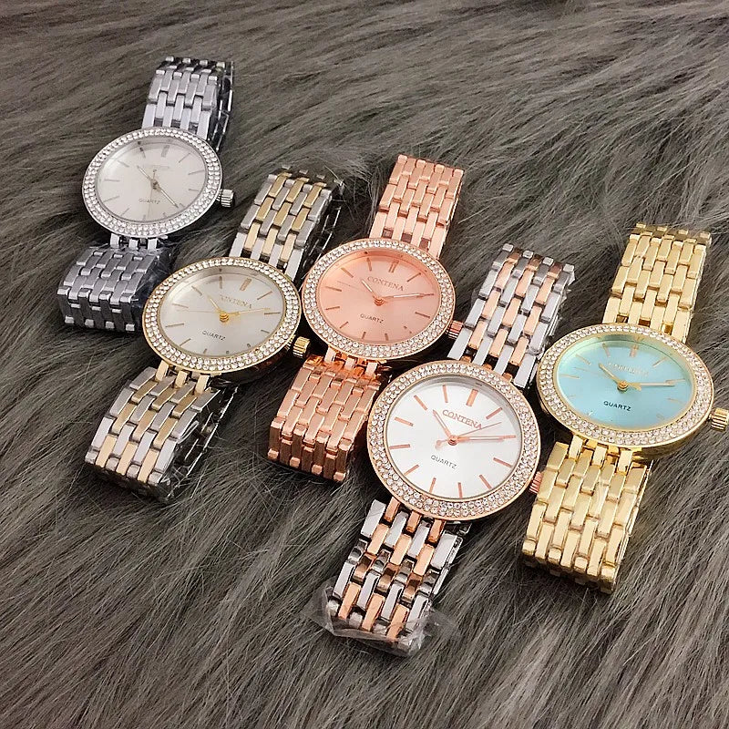 Contena Brand Luxury Women's Watch Fashion Rhinestones Stainless Steel Quartz Watch Simple Elegant Ladies Watch Reloj Mujer