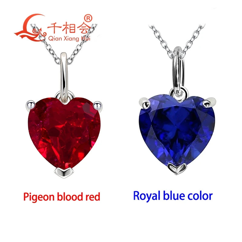3.6ct 9*9mm S925 Silver Heart Shape Lab Grown Royal Blue/Cornflower Sapphire Pigeon Blood Red Inclusions Stone Pendant Necklace