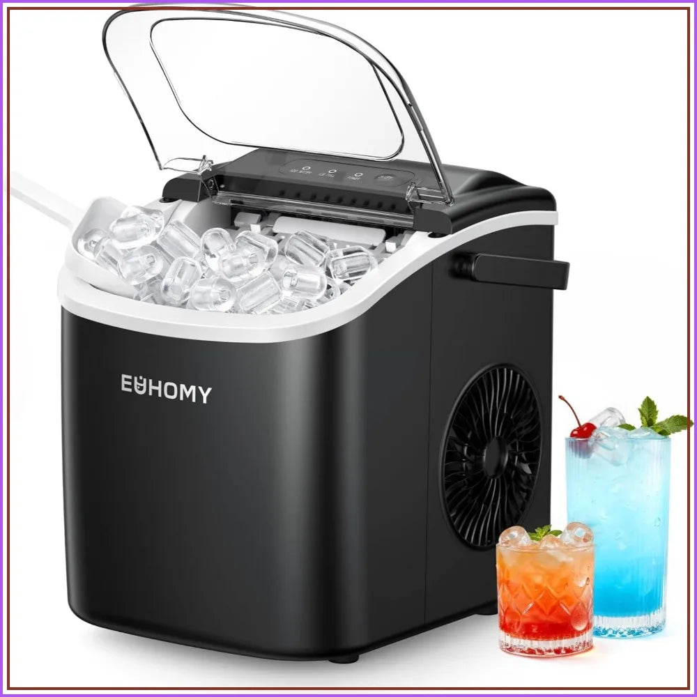 Countertop Ice Maker, 26.5lbs/Day, 9 Bullet Ice in 6 Mins, Auto-Cleaning, Portable with Handle, Black