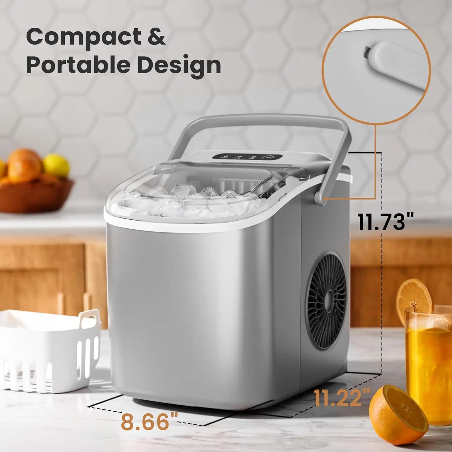 Portable Countertop Ice Maker Machine with Handle, 9 Bullet-Shaped Ice Cubes Ready in 6 Mins, 26Lbs/24H,Customized