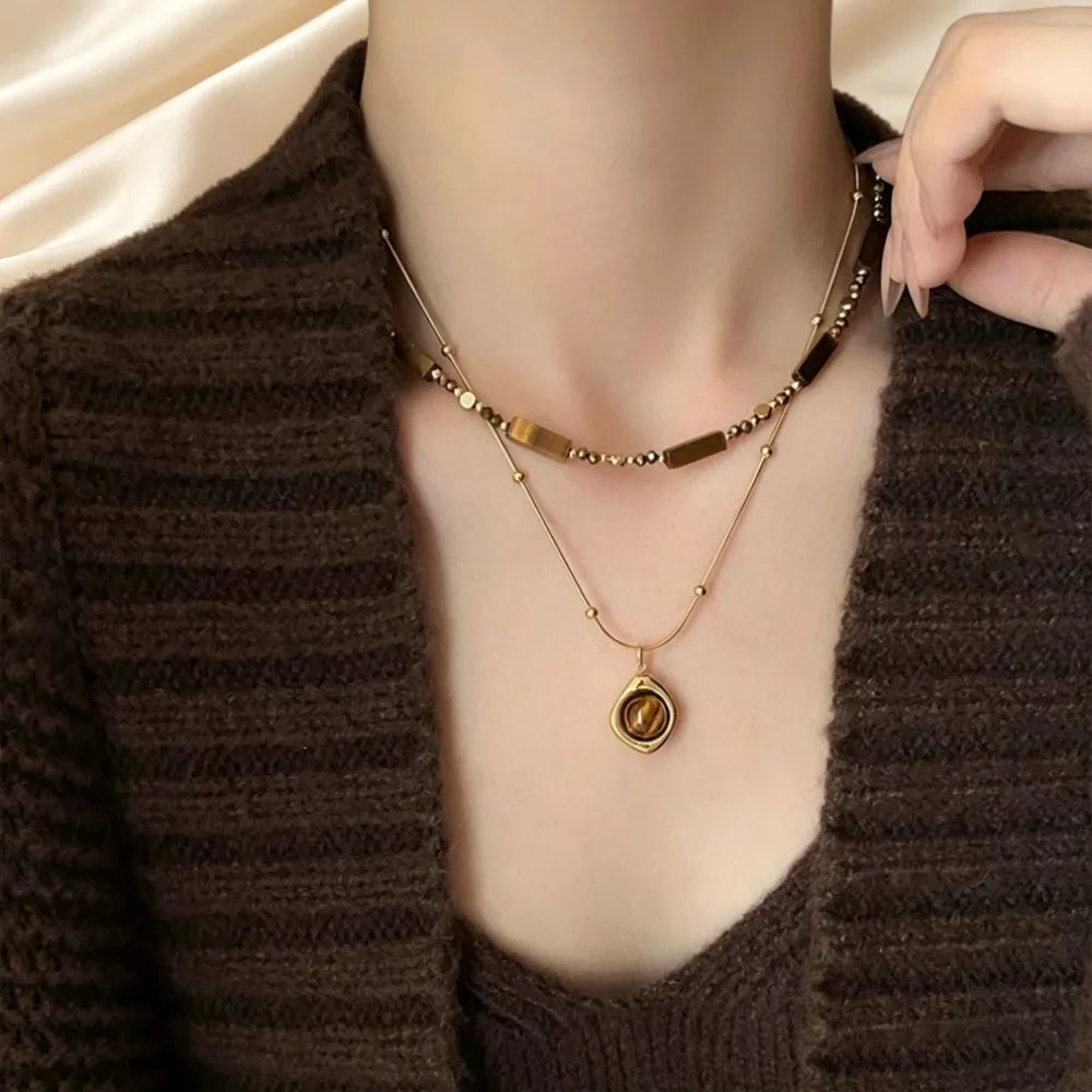 Retro Temperament Layered Tiger Eye Stone Pendant Necklace For Women Stainless steel  Collarbone Chain Sets Jewelry