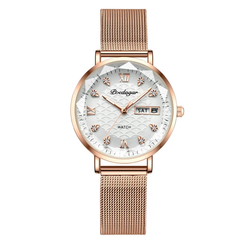 POEDAGAR Original Luxury Women Watch Week Date Waterproof Luminous Stainless Steel Woman Watches Simple Trendy Ladies Wristwatch