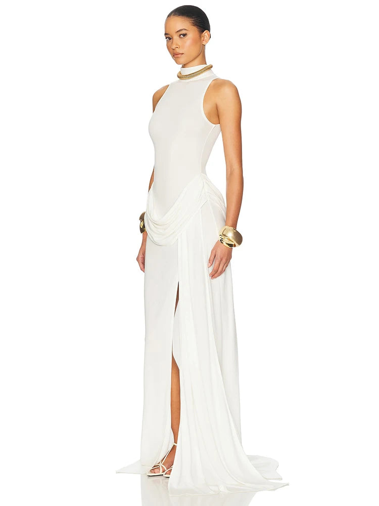 Blifanbo Turtleneck Off-shoulder Sleeveless Thigh Split High Waist Pleated Maxi Dress For Women Elegant Fashion Club Party Dress 5