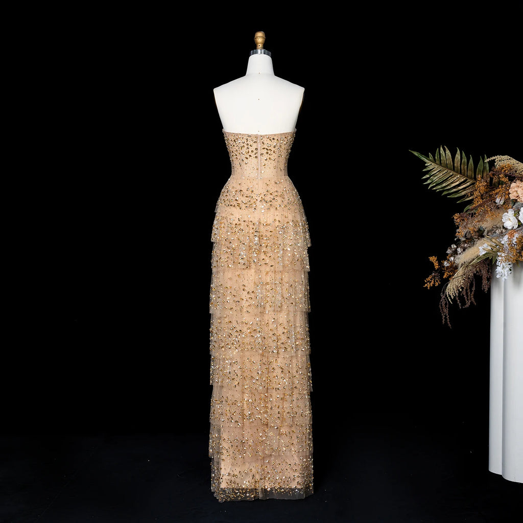 Sharon Said High Quality Champagne Evening Dress Full Crystal Tiered Beaded Women's Formal Occasion Party Gowns SS720 Customized