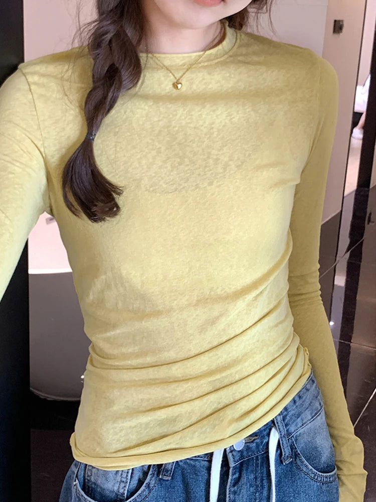2026 Spring Autumn T shirt Women Tops Solid Slim Fit Long Sleeve O Neck Tshirts Female Casual Streetwear High Quality Base Tees