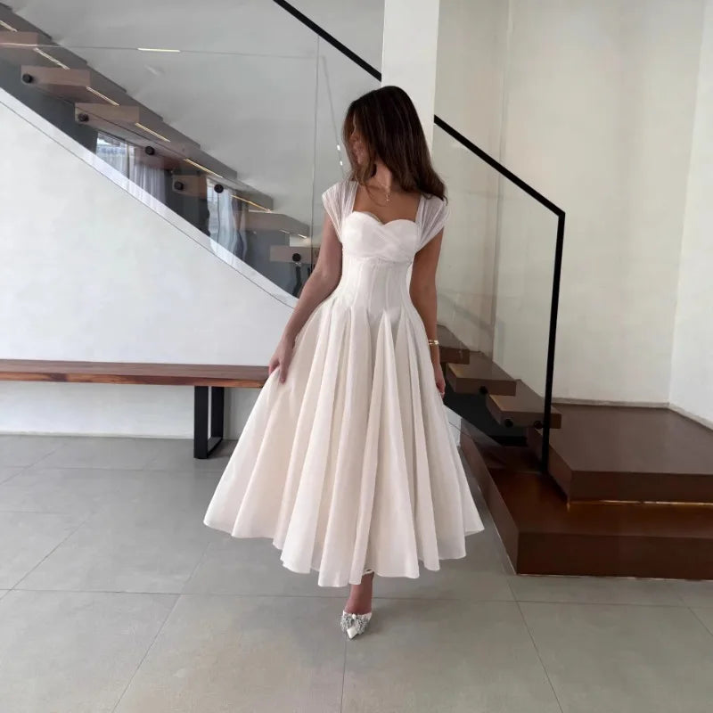 Women's Elegant Tulle Formal Dress Summer Sexy Square Neck Corset Waist A-Line Tea-Length Gown for Wedding Cocktail Party 5