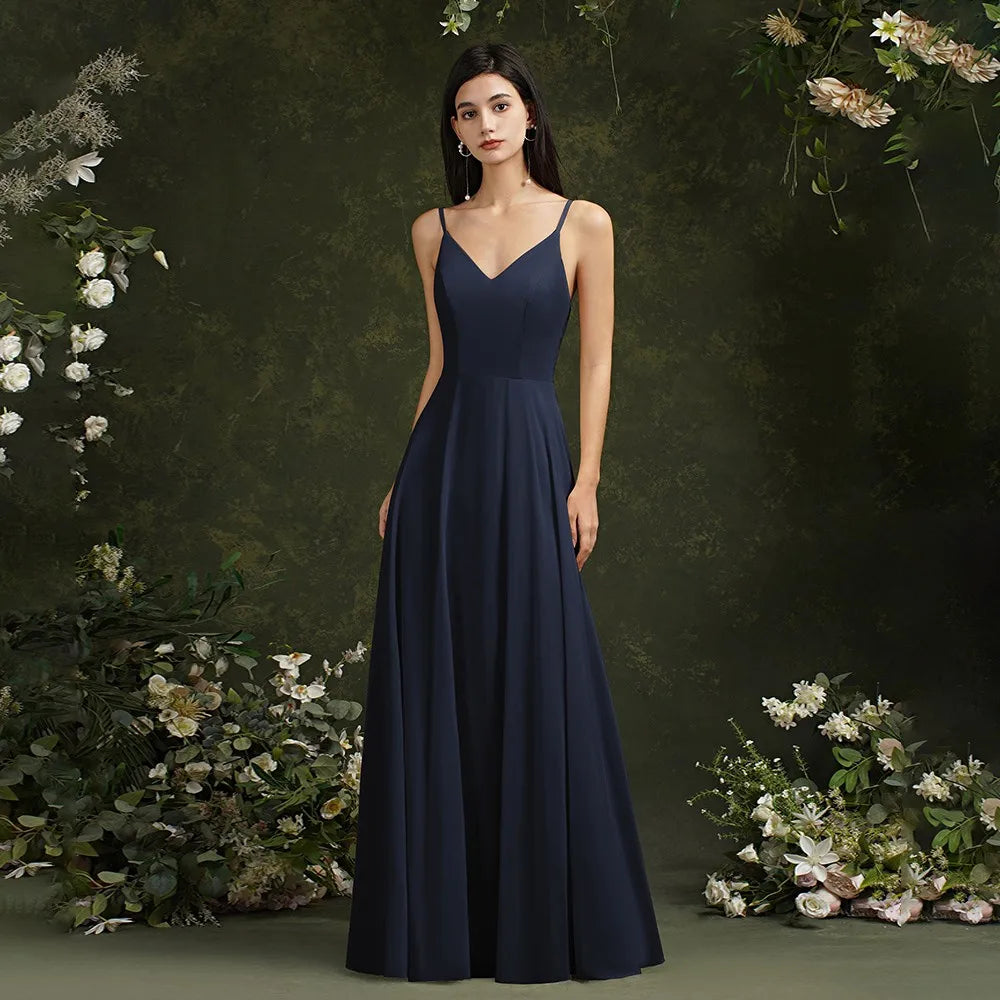 New Long Formal Bridesmaid Dress Evening Dresses With V Neck Elegant Sleeveless Lace Back Party Prom Gowns Robe De Soiree Longue