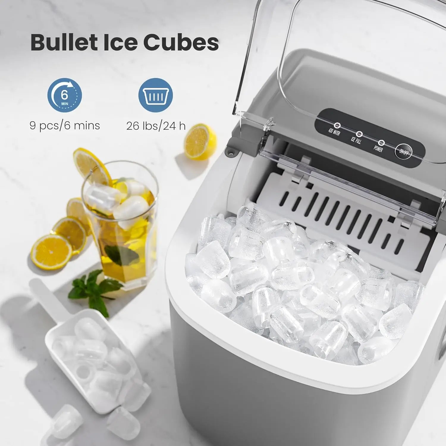 Portable Countertop Ice Maker Machine with Handle, 9 Bullet-Shaped Ice Cubes Ready in 6 Mins, 26Lbs/24H,Customized