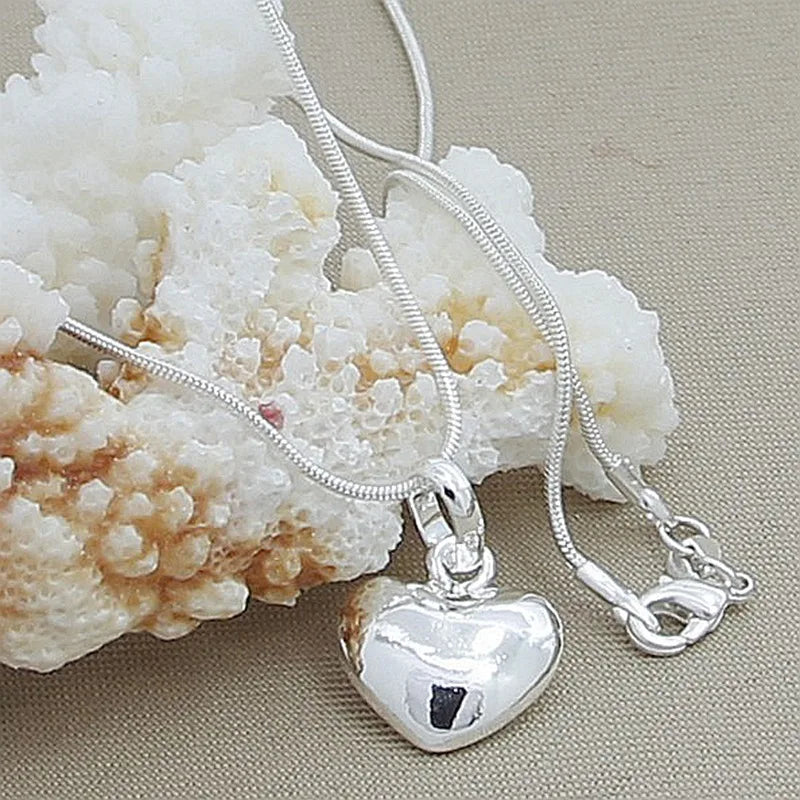 hot sale Silver color Solid Heart Necklace 18-30 Inch Snake Chain For Women Girl Wedding Charm Fashion Jewelry luxury