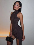 Mozision Turtleneck Sleeveless Sexy Mini Dress For Women Fashion Irregular Ruched Tank Dress Femme Elegant Club Party Dress 5