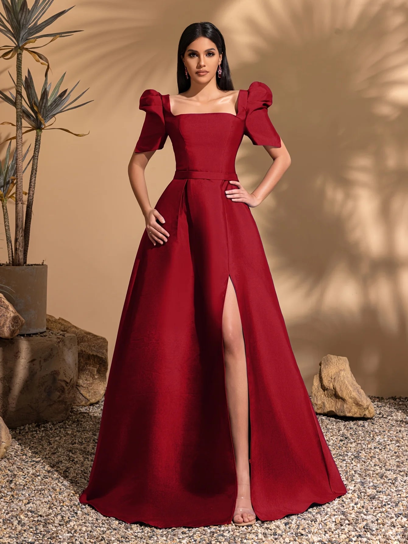 Square neck princess sleeve satin slit gown, pleated lace trim party dress